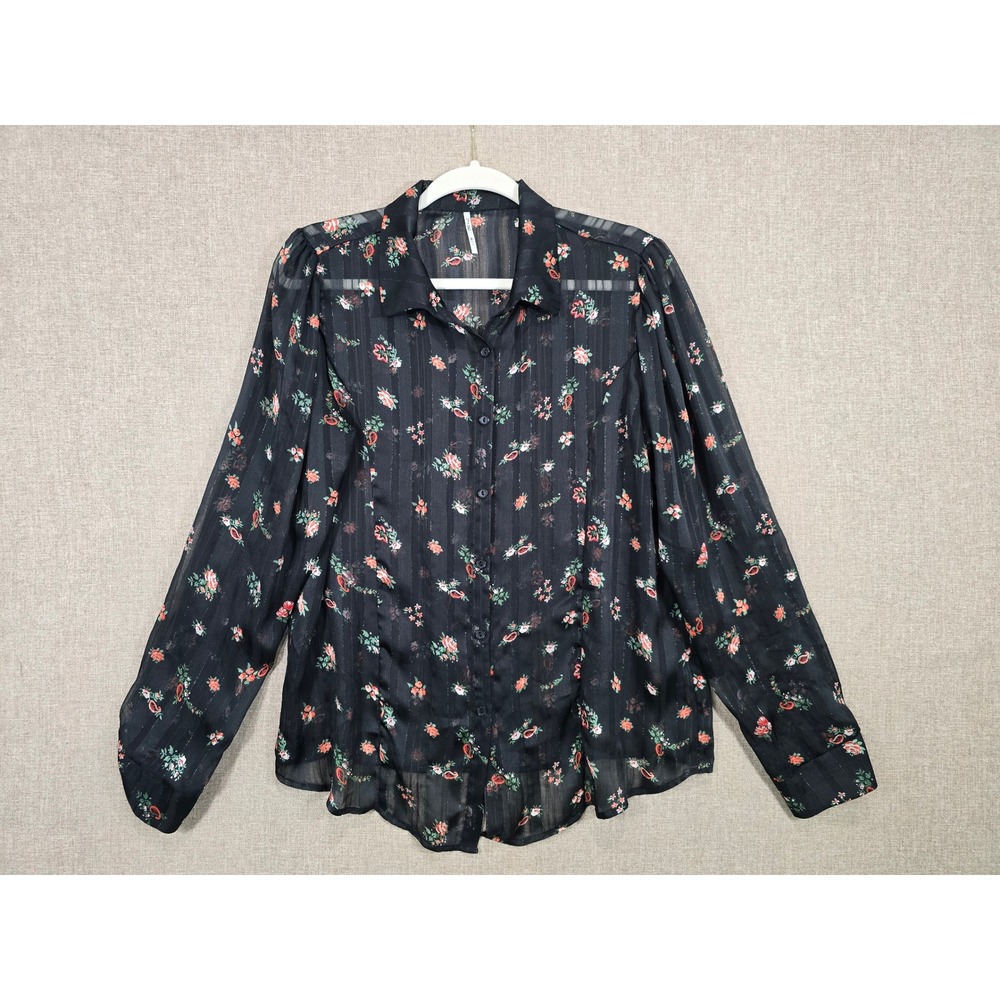 3rd + Malt Black Floral Metallic Pinstripe Sheer Button Down Blouse XL Womens